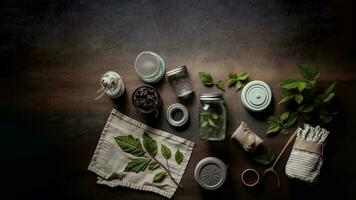 Top View Of Herbal Treatment Or Spa Composition With Green Leaves, Jar And Cloth On Brown Texture Background. 3D Rendering, photo