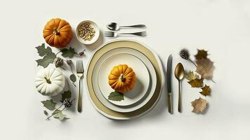 Top View of Dining Table Decorated With Pumpkin, Leaves For Thanksgiving Or Autumn Concept. 3D Render. photo