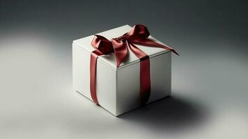 3D Render of Grey Gift Box With Red Silk Bow Ribbon And Copy Space. photo