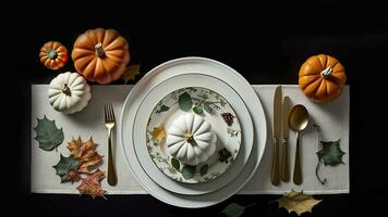 Top View of Dining Table Decorated With Pumpkins And Leaves. Thanksgiving Or Autumn Concept. 3D Render. photo