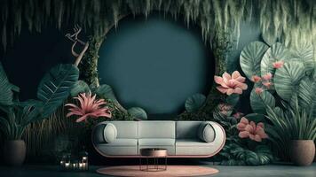 Backyard Decoration With Tropical Trees, Sofa And Arabic Lanterns. 3D Rendering. photo