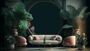 Exotic Palm And Tropical Interior Design With Sofa And Table Against Green Circular Frame Wall. 3D Rendering. photo