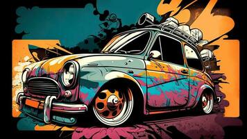 Futuristic sports car in abstract paint in graffiti style, retro background. AI-Generative. photo