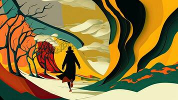 Man walking through the hills. Mountain Background. Surrealism Concept. photo