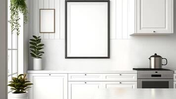 Luxurious, modern contemporary white wall kitchen, minimalistic design with blank photo frames. Digital Illustration.