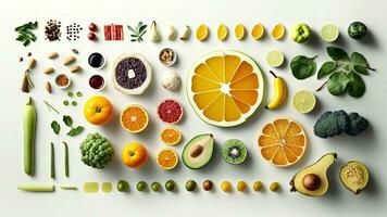 Top view of Healthy and food background from fruits and green, vegetables kept on white background. photo