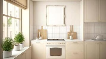 Luxurious, modern contemporary white wall kitchen, minimalistic design with blank photo frame. Digital Illustration.
