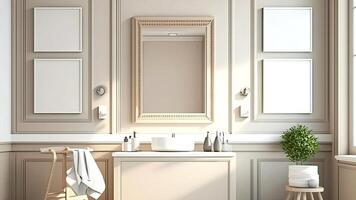 Renovated bathroom with a vanity cabinet, white frame mirror with a view to front wall, indoor plants, and and blank photo frames against grey walls. .