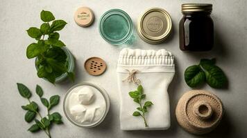 Top View of Plastic Free Set with Cotton Bag, Glass Jar, Green Leaves and Recycled Tableware. Zero Waste, Eco Friendly Concept. photo