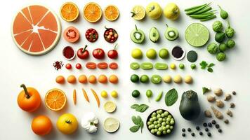 Top view of Healthy and food background from fruits and green, vegetables kept on white background. photo