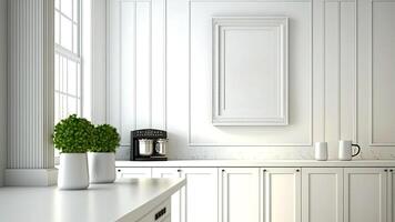 Luxurious, modern contemporary white wall kitchen, minimalistic design with blank photo frames. Digital Illustration.