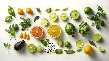 Top view of Healthy and food background from fruits and green, vegetables kept on white background. photo
