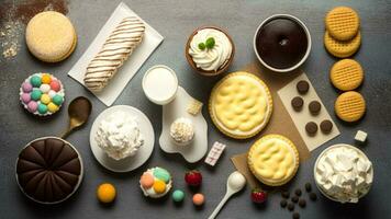 Top view of Healthy unhealthy fast food, sweets and pastry top view white wooden background. photo