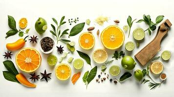 Top view of Healthy and food background from fruits and green, vegetables kept on white background. photo