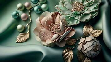 Luxury Top View 3d Wallpaper, Photography Jewellery, Colorful Flowers. Clay Modeling, AI-Generative, Digital Illustrations. photo