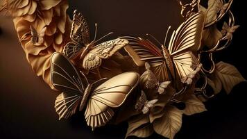 Luxury Top View 3d Wallpaper, Photography Jewellery, Flowers with Branches and Matellic Detailed Butterflies. Flat Metallic White Background, AI-Generative, Digital Illustrations. photo