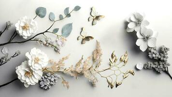 Silky Beige Background, Top View 3d Wallpaper, White Colour Jewellery, White Flowers with Branches having Bright Light Color Incredibly Detailed Butterflies. photo