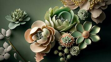 Luxury Top View 3d Wallpaper, Photography Jewellery, Colorful Flowers. Clay Modeling, AI-Generative, Digital Illustrations. photo