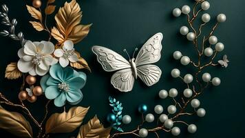 Luxury Top View 3d Wallpaper, Photography Jewellery, Flowers with Branches and Matellic Detailed Butterflies. Flat Metallic White Background, AI-Generative, Digital Illustrations. photo