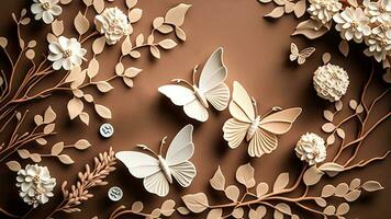Silky Beige Background, Top View 3d Wallpaper, White Colour Jewellery, White Flowers with Branches having Bright Light Color Incredibly Detailed Butterflies. photo