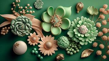 Luxury Top View 3d Wallpaper, Photography Jewellery, Colorful Flowers. Clay Modeling, AI-Generative, Digital Illustrations. photo