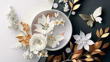 Silky Beige Background, Top View 3d Wallpaper, White Colour Jewellery, White Flowers with Branches having Bright Light Color Incredibly Detailed Butterflies. photo