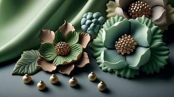 Luxury Top View 3d Wallpaper, Photography Jewellery, Colorful Flowers. Clay Modeling, AI-Generative, Digital Illustrations. photo