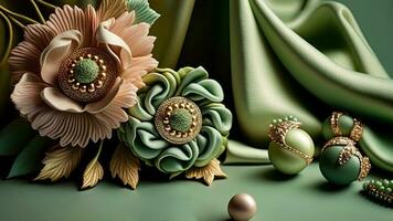 Luxury Top View 3d Wallpaper, Photography Jewellery, Colorful Flowers. Clay Modeling, AI-Generative, Digital Illustrations. photo