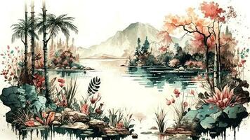 Vintage Water Color Wallpaper of Forest Landscape with Lake, Plants, Trees. AI-Generated, Digital Illustration. photo