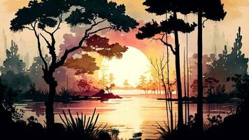 Vintage Water Color Wallpaper of Forest Landscape with Lake, Plants, Trees. AI-Generated, Digital Illustration. photo