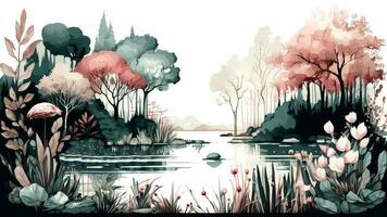 Vintage Water Color Wallpaper of Forest Landscape with Lake, Plants, Trees. AI-Generated, Digital Illustration. photo