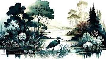 Vintage wallpaper of forest landscape with lake, plants, trees, birds. photo