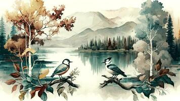 Vintage wallpaper of forest landscape with lake, plants, trees, birds. photo