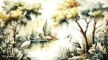 Vintage wallpaper of forest landscape with lake, plants, trees, birds. photo