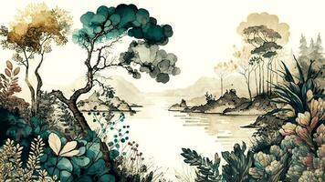 Vintage Water Color Wallpaper of Forest Landscape with Lake, Plants, Trees. AI-Generated, Digital Illustration. photo