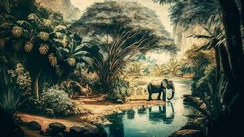 Watercolor Style Wallpaper Landscape on an African Tropical Jungle with Trees Next to a River Elephants and Birds. AI-Generative, Digital Illustration. photo