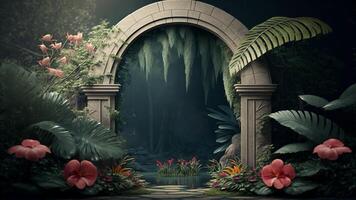 Fantastic landscape. Arch with blooming flowers and road stretching into the valley. Unusual world. Created with . photo