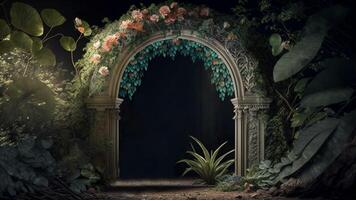 Fantastic landscape. Arch with blooming flowers and road stretching into the valley. Unusual world. Created with . photo