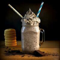 Delicious Cookies Creamy Milkshake in a Glass with Chocolate Cookie and Whipped Cream, Cookies on Wooden Background. Food and Beverages Concept. AI-Generative, Digital Illustration. photo
