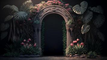 Fantastic landscape. Arch with blooming flowers and road stretching into the valley. Unusual world. Created with . photo