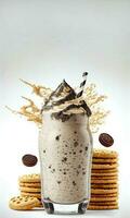 Delicious Cookies Creamy Milkshake in a Glass with Chocolate Cookie and Whipped Cream, Cookies on White Background. Food and Beverages Concept. AI-Generative, Digital Illustration. photo