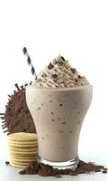 Delicious Cookies Creamy Milkshake in a Glass with Chocolate Cookie and Whipped Cream, Cookies on White Background. Food and Beverages Concept. AI-Generative, Digital Illustration. photo