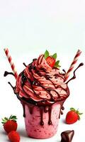 Delicious Chocolate and Strawberry Smoothie or Milkshake in a Glass with Strawberries on White Background. Food and Beverages Concept. AI-Generative, Digital Illustration. photo