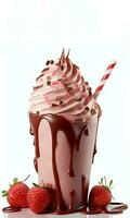 Delicious Chocolate and Strawberry Smoothie or Milkshake in a Glass with Strawberries on White Background. Food and Beverages Concept. AI-Generative, Digital Illustration. photo