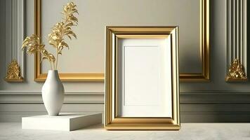 Scandinavian golden photo frame and decorative golden indoor plants against pastel grey walls.