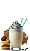 Delicious Cookies Creamy Milkshake in a Glass with Chocolate Cookie and Whipped Cream, Cookies on White Background. Food and Beverages Concept. AI-Generative, Digital Illustration. photo