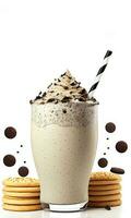 Delicious Cookies Creamy Milkshake in a Glass with Chocolate Cookie and Whipped Cream, Cookies on White Background. Food and Beverages Concept. AI-Generative, Digital Illustration. photo