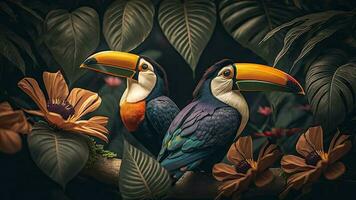 Colorful pair of toucan toco birds sitting on branch between leafs Tropical rainforest , flowers in the background, 3D rendering incredibly detailed. photo