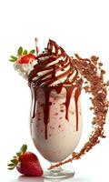 delicioso chocolate y fresa zalamero o malteada en un vaso con fresas en blanco antecedentes. comida y bebidas concepto. ai-generativo, digital ilustración. foto