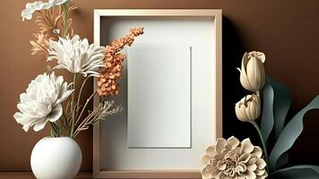 Poster or photo frame empty white mockup, front view, with decor elements, flowers and blank copy space on brown background. .